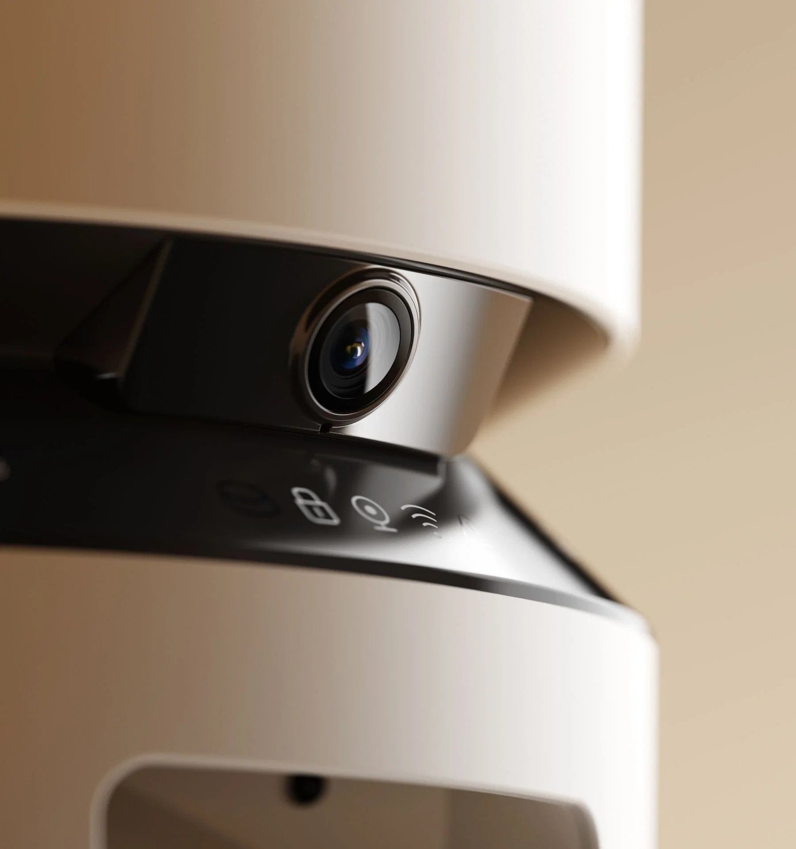 Close-up of the camera module and touch controls on a white pet feeder