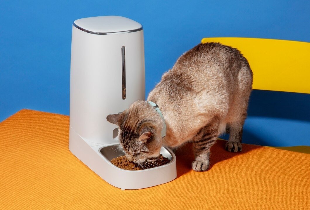Cat eating from a white automatic pet feeder on a colourful studio set